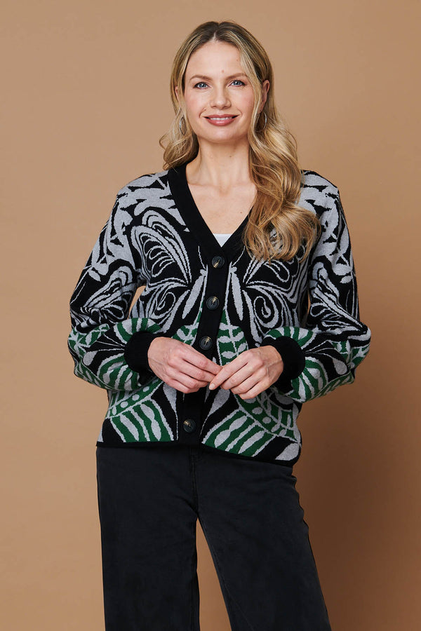 Black | Printed Long Balloon Sleeve Cardigan

