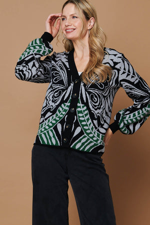 Black | Printed Long Balloon Sleeve Cardigan
