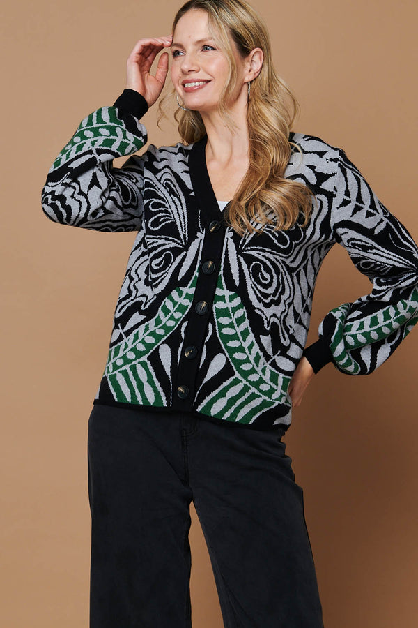 Black | Printed Long Balloon Sleeve Cardigan
