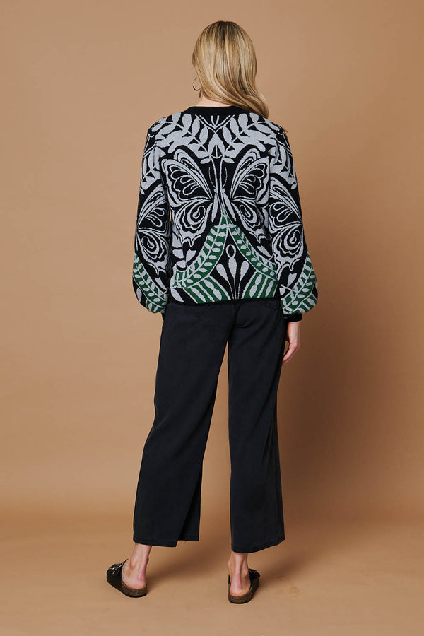 Black | Printed Long Balloon Sleeve Cardigan
