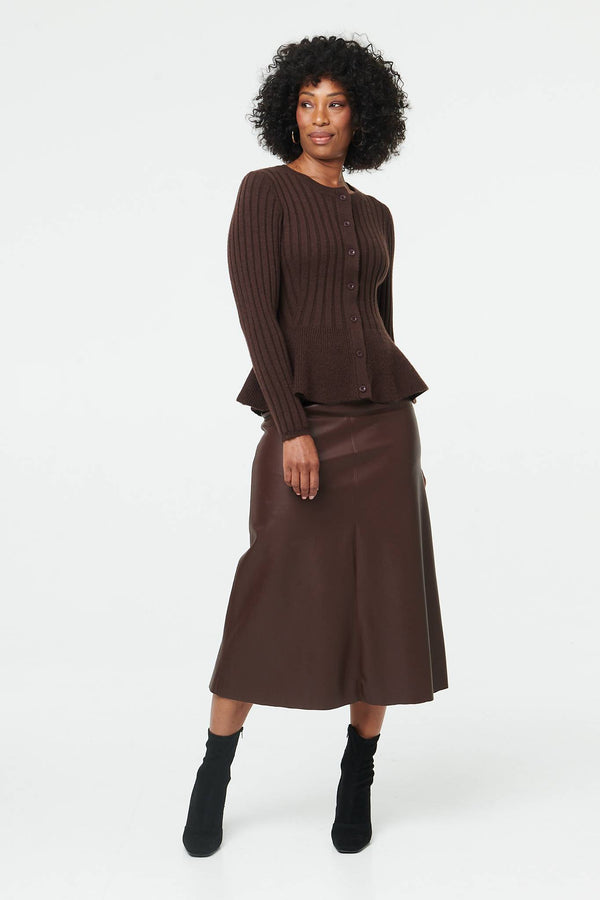 Brown | Striped Texture Buttoned Peplum Cardigan