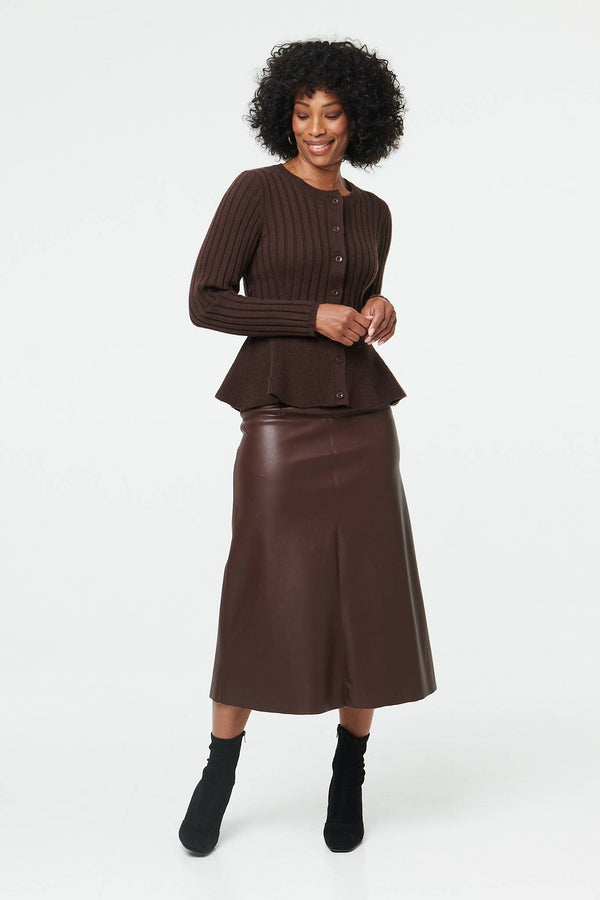 Brown | Striped Texture Buttoned Peplum Cardigan