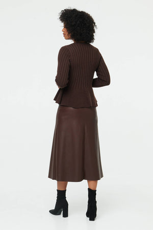 Brown | Striped Texture Buttoned Peplum Cardigan