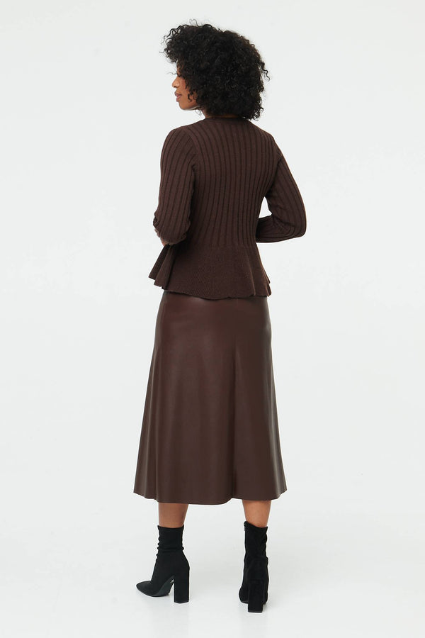 Brown | Striped Texture Buttoned Peplum Cardigan