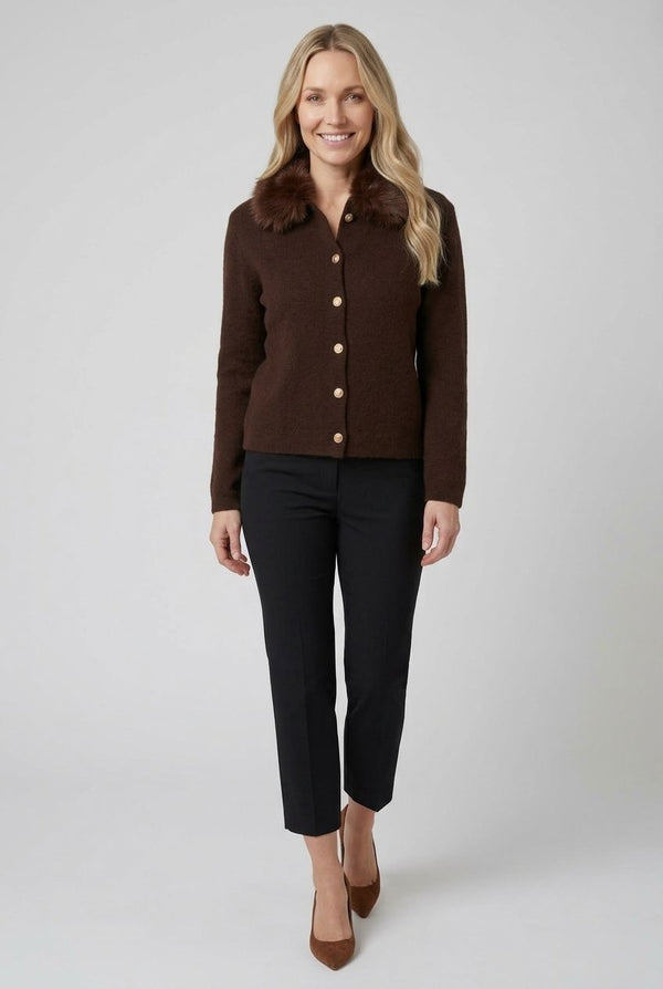 Brown | Faux Fur Trim Collared Cardigan