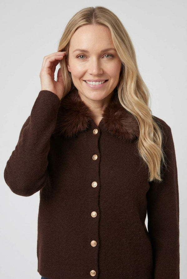 Brown | Faux Fur Trim Collared Cardigan