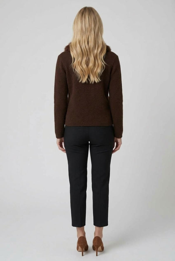 Brown | Faux Fur Trim Collared Cardigan