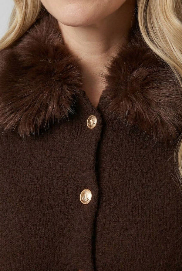Brown | Faux Fur Trim Collared Cardigan