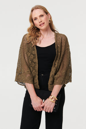 Olive | Crochet Textured Open Front Cardigan : Model is 5'9