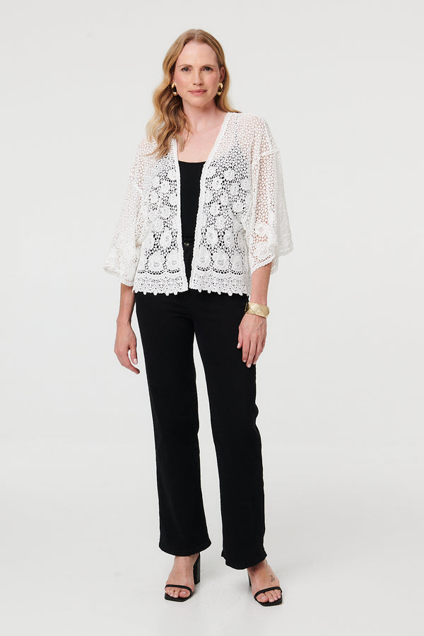 White | Crochet Textured Open Front Cardigan