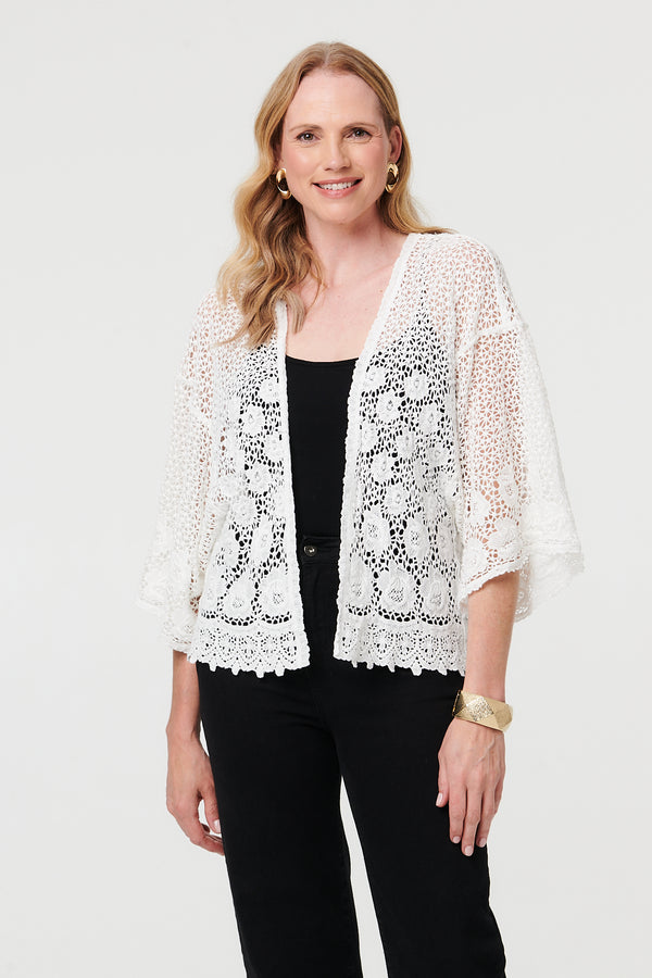 White | Crochet Textured Open Front Cardigan