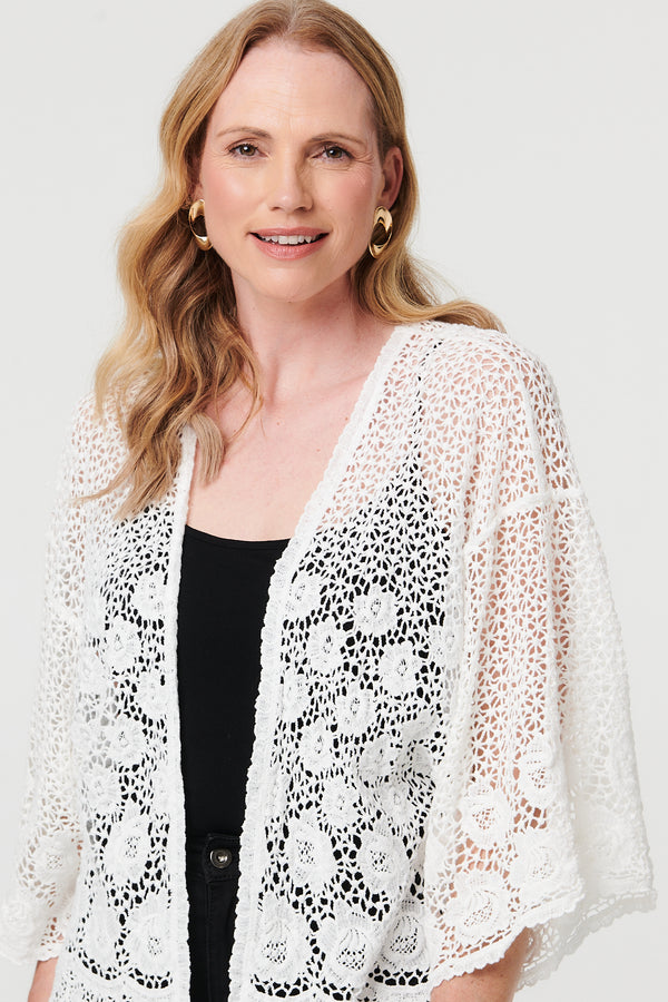White | Crochet Textured Open Front Cardigan