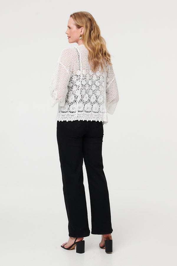 White | Crochet Textured Open Front Cardigan