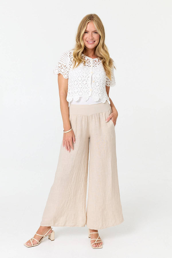 White | Crochet Texture Short Sleeve Button Top