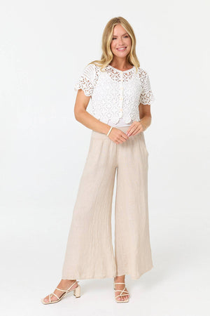 White | Crochet Texture Short Sleeve Button Top