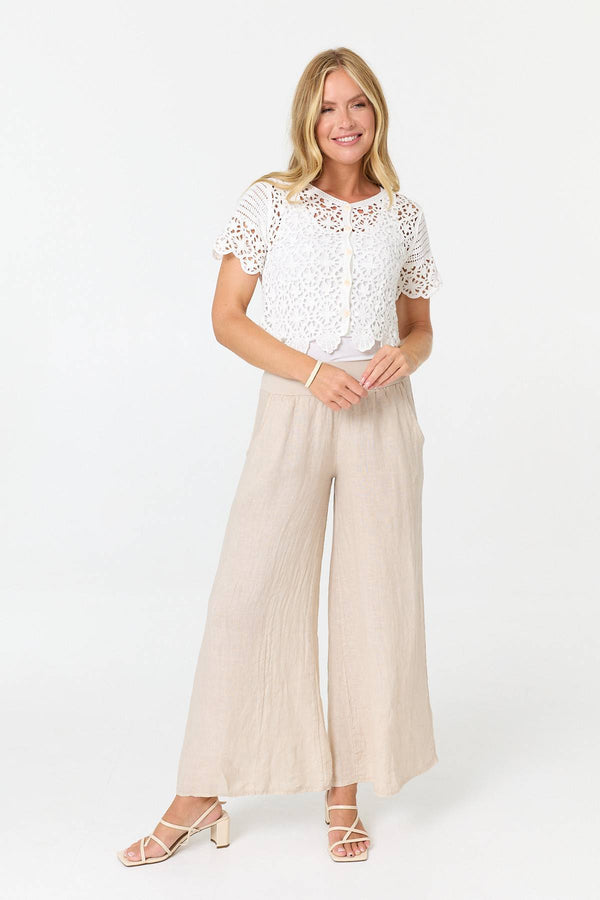 White | Crochet Texture Short Sleeve Button Top
