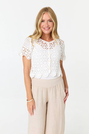 White | Crochet Texture Short Sleeve Button Top