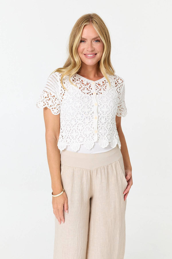 White | Crochet Texture Short Sleeve Button Top