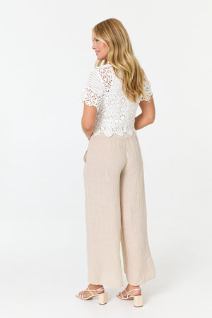 White | Crochet Texture Short Sleeve Button Top