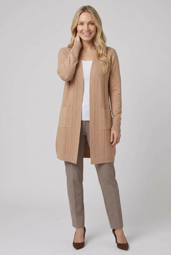 Beige | Textured Longline Open Front Cardigan