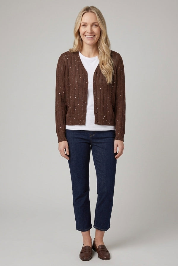 Brown | Striped Texture Boxy V-Neck Cardigan