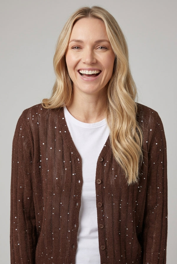 Brown | Striped Texture Boxy V-Neck Cardigan