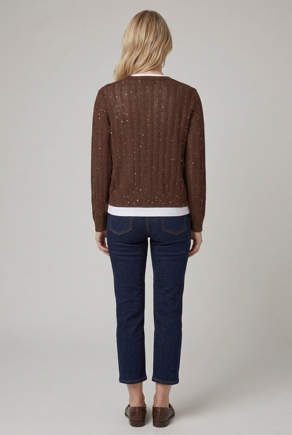 Brown | Striped Texture Boxy V-Neck Cardigan