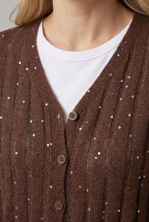 Brown | Striped Texture Boxy V-Neck Cardigan