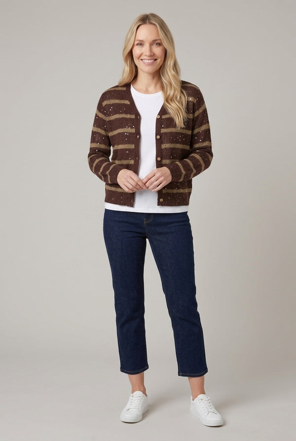 Brown | Striped Boxy Button Front Cardigan