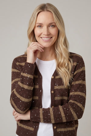Brown | Striped Boxy Button Front Cardigan