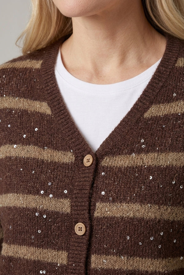 Brown | Striped Boxy Button Front Cardigan
