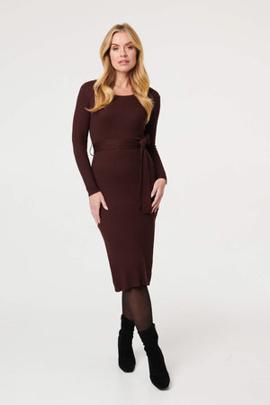 Brown | Long Sleeve Knit Bodycon Midi Dress
