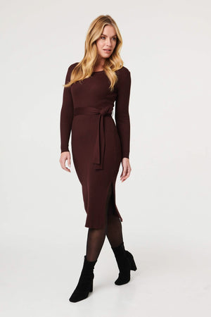 Brown | Long Sleeve Knit Bodycon Midi Dress