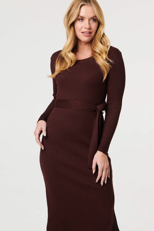 Brown | Long Sleeve Knit Bodycon Midi Dress