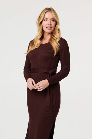 Brown | Long Sleeve Knit Bodycon Midi Dress