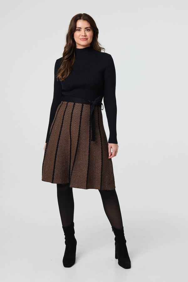 Tan | Chevron Print Fit & Flare Knit Dress
