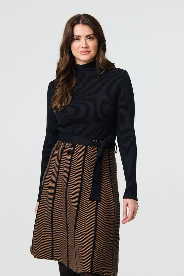 Tan | Chevron Print Fit & Flare Knit Dress
