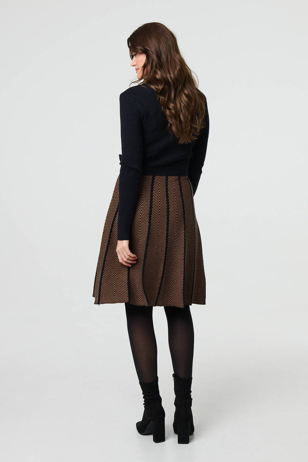 Tan | Chevron Print Fit & Flare Knit Dress
