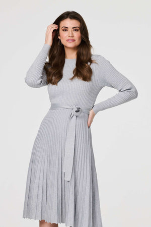 Silver | Pleated Tie Waist Ribbed Knit Midi Dress : Model is 5'9