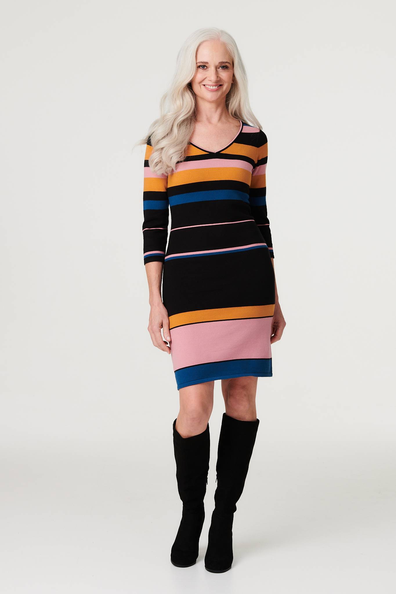 Black | Striped 3/4 Sleeve Knit Dress : Model is 5'8.5"/174 cm and wears UK8/EU36/US4/AUS8