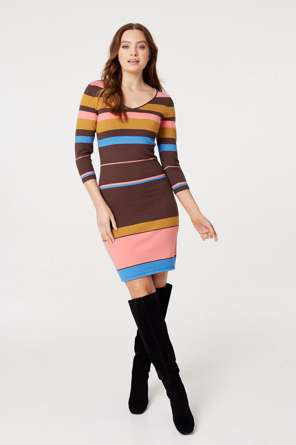 Pink | Striped 3/4 Sleeve Knit Dress : Model is 5'9"/175 cm and wears UK8/EU36/US4/AUS8