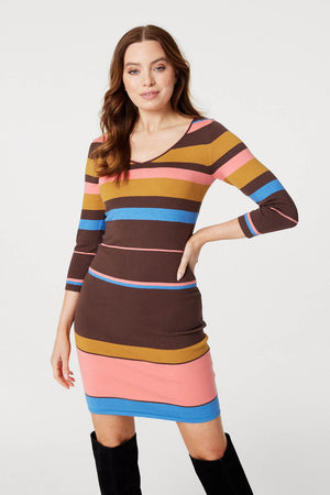 Pink | Striped 3/4 Sleeve Knit Dress