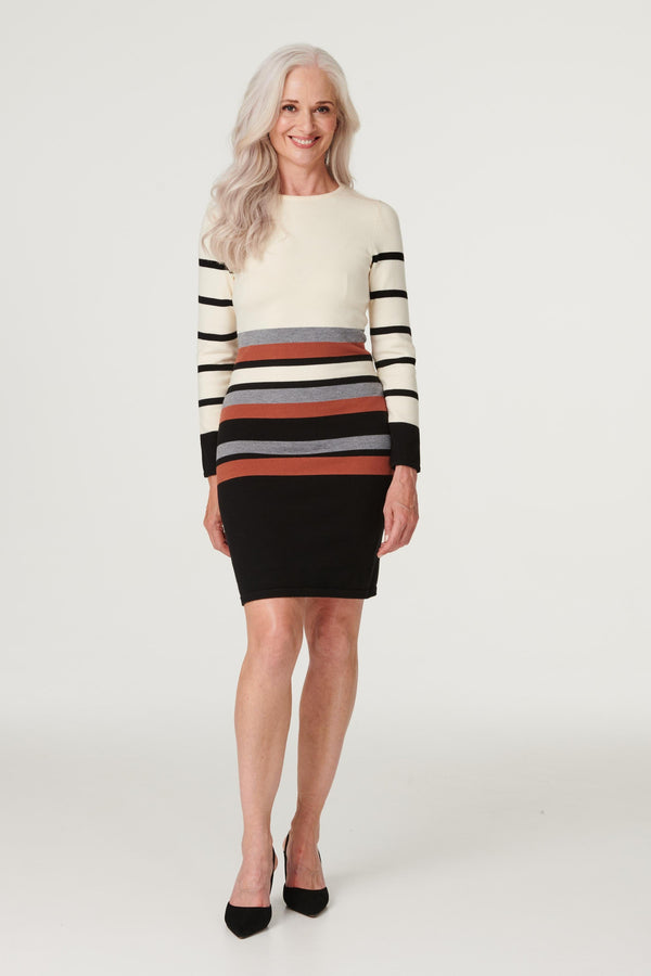Black | Stripy Long Sleeve Knit Dress Model is 5'8.5"/174 cm and wears UK8/EU36/US4/AUS8