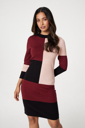 Red | Colour Block Bodycon Knit Dress : Model is 5'7.5"/171 cm and wears UK8/EU36/US4/AUS8