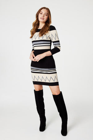 Black | Stripy 3/4 Sleeve Knit Dress