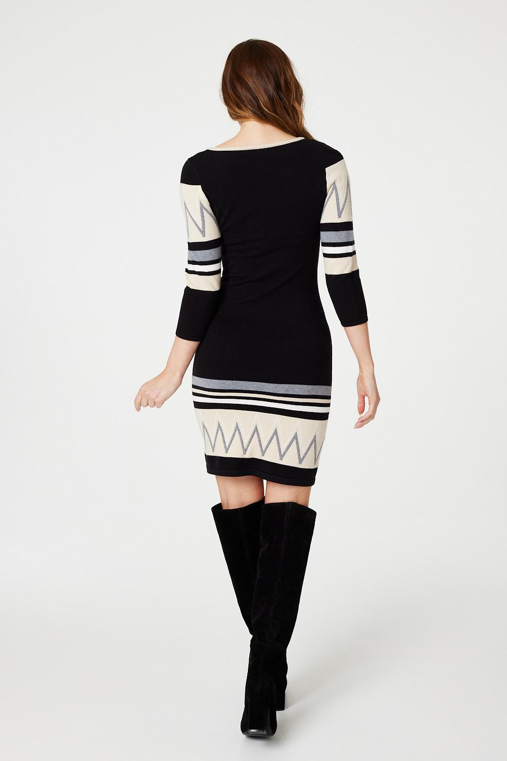 Black | Stripy 3/4 Sleeve Knit Dress