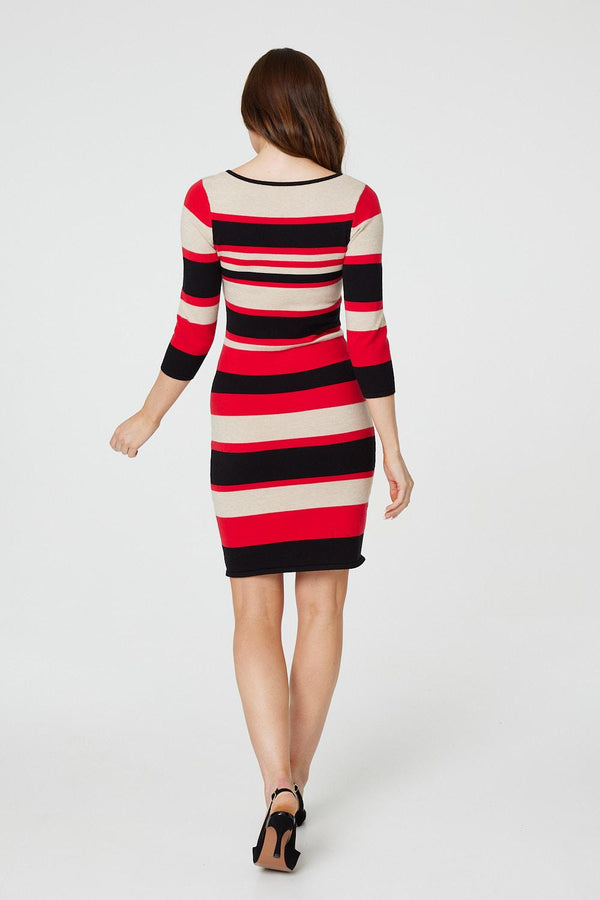 Red | Striped Pocket Detail Knit Dress