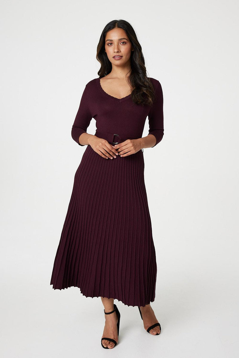 Burgundy | Pleated Midi Knit Dress