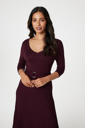 Burgundy | Pleated Midi Knit Dress