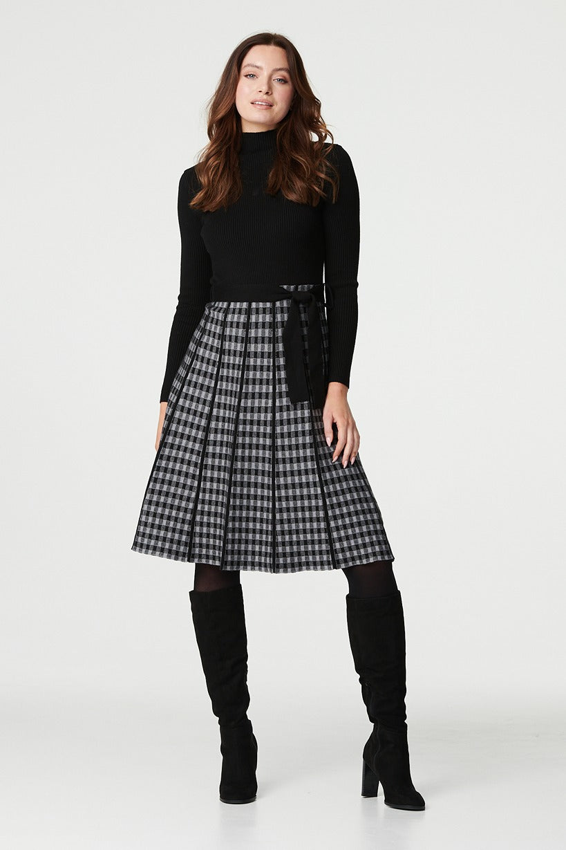 Black | Checked High Neck Knit Dress : Model is 5'9"/175 cm and wears UK8/EU36/US4/AUS8